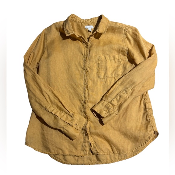 Garnet Hill Linen Button Down Top Mustard Yellow Shirt Size 8 Medium Long Sleeve - Picture 2 of 6